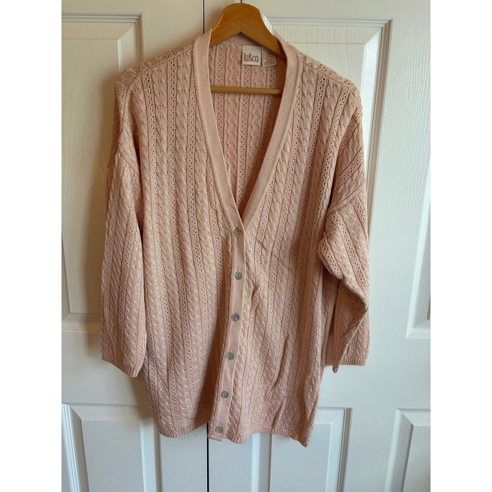 Liz & Co Vintage Peach Cable Knit Cardigan Sweater Womens Medium Made in USA